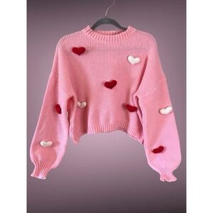 NWT Mainstrip Sweater Womens  3D Crochet Heart Cropped Pullover Coquette Sz S